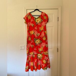 Vibrant Floral Orange Hawaiian MuuMuu Maxi Dress Size Large